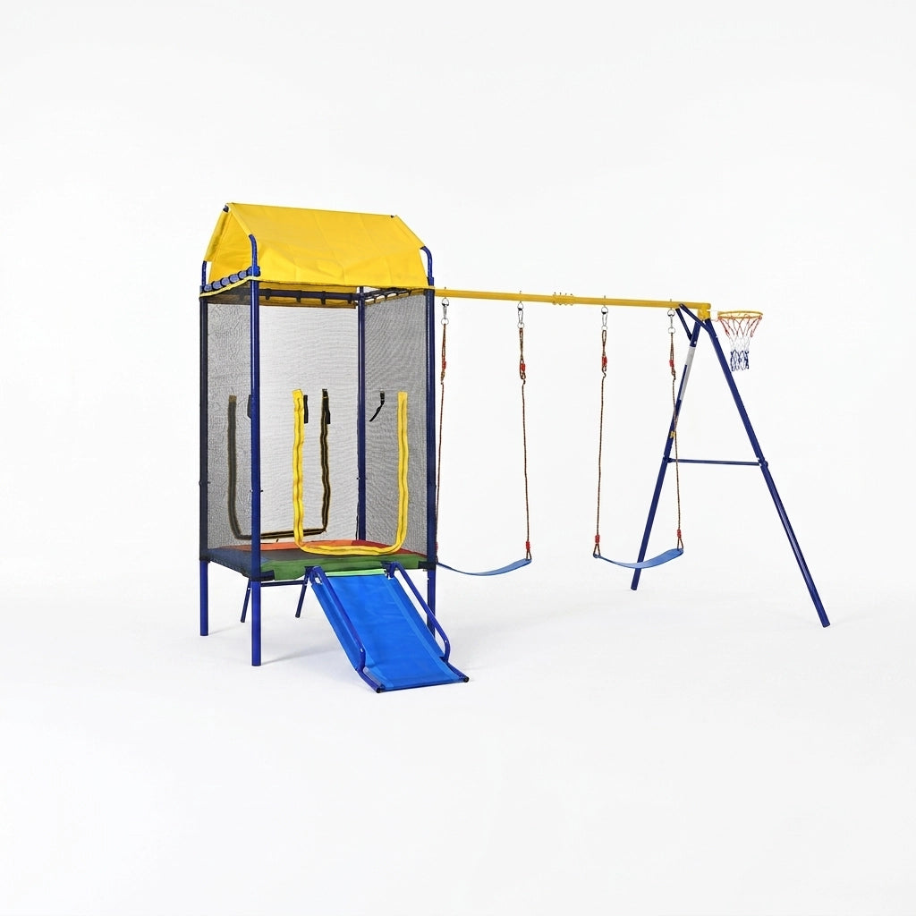 Parco Giochi da Esterno 4 in 1 336x217x238 cm con Trampolino; Altalene; Scivolo e Canestro