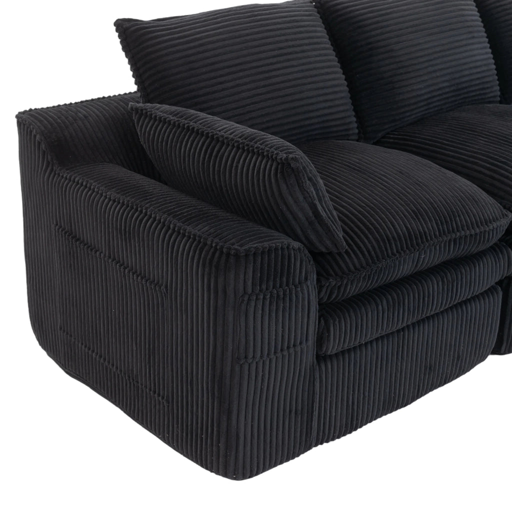 Divano modulare 4 posti in velluto a coste nero con 2 poggiapiedi; 335x167x85 cm