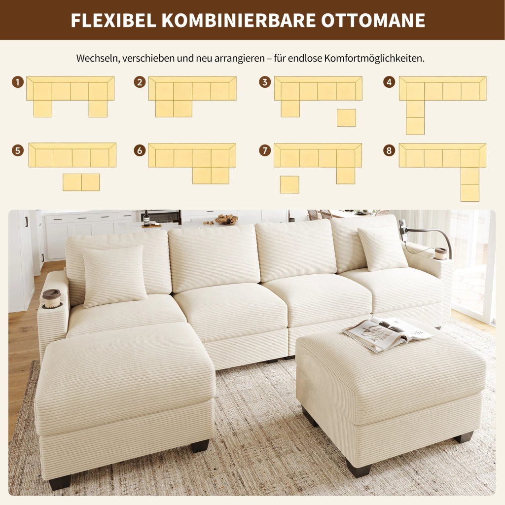 DIVANO angolare modulare U 275,5x139x87 cm in velluto a coste beige