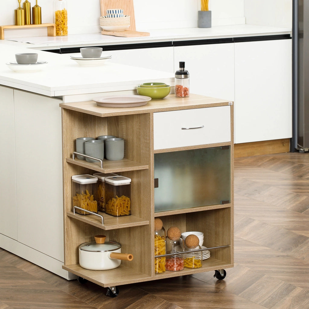 Carrello da Cucina Portavivande con Cassetto, Ripiani e Armadietto in Legno, Acciaio e Vetro, 65x39x80cm