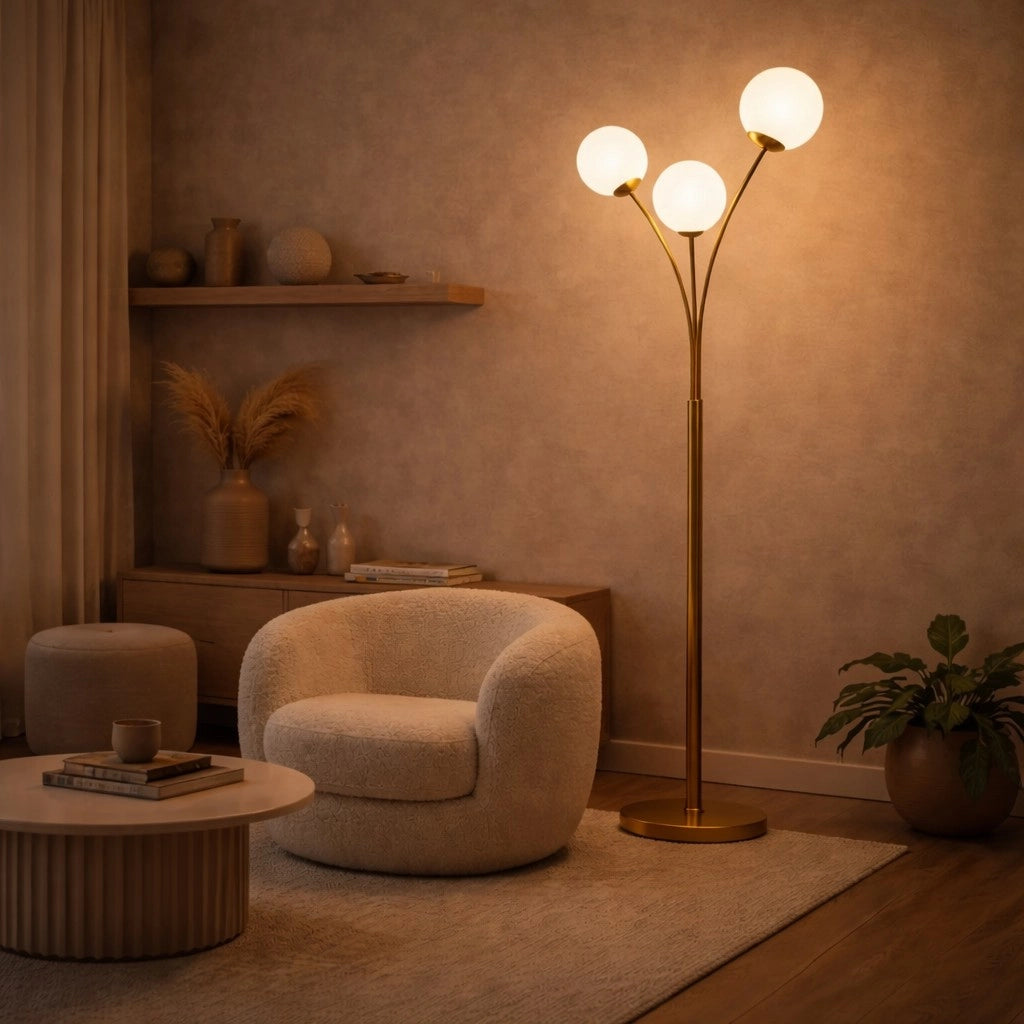 Lampada da Terra Moderna Oro con 3 Sfere in PVC bianco opaco Attacco G9, Piantana Design Elegante per Salotto Camera e Ufficio