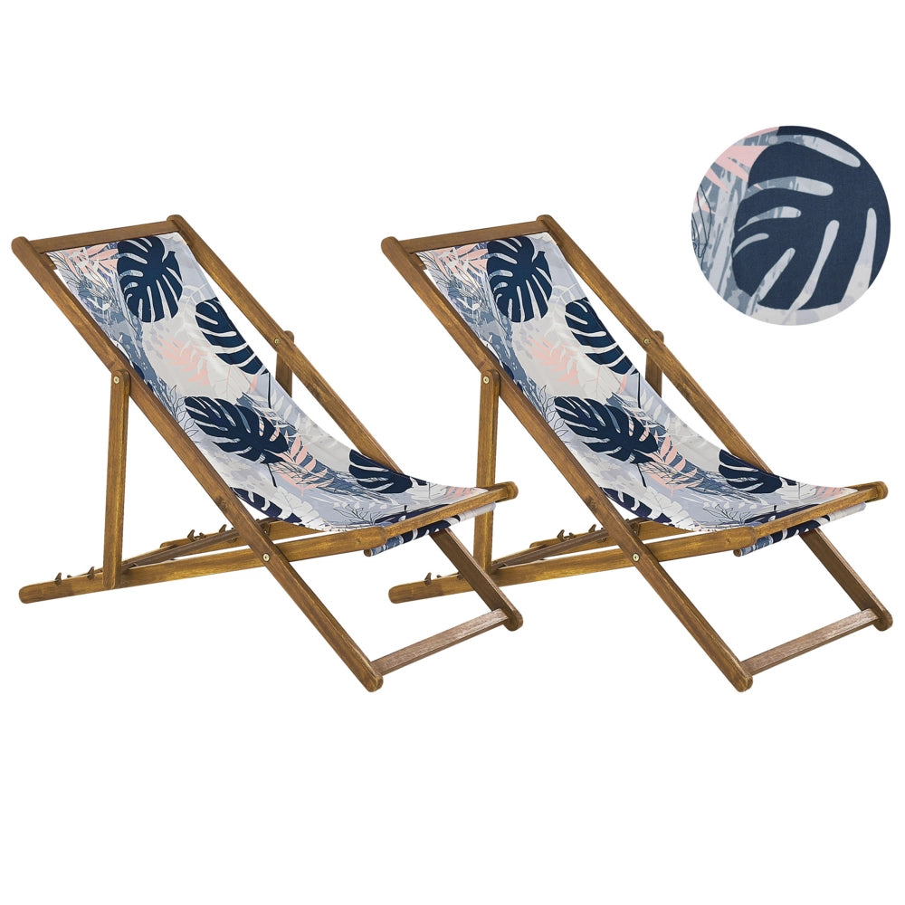 Set di 2 sedie a sdraio da giardino con struttura in legno acacia chiaro motivo foglie di palma in tessuto amaca sedile reclinabile