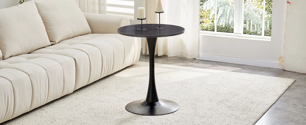Tavolo rotondo in MDF e metallo nero effetto marmo; altezza 72 cm; stile Mid-Century