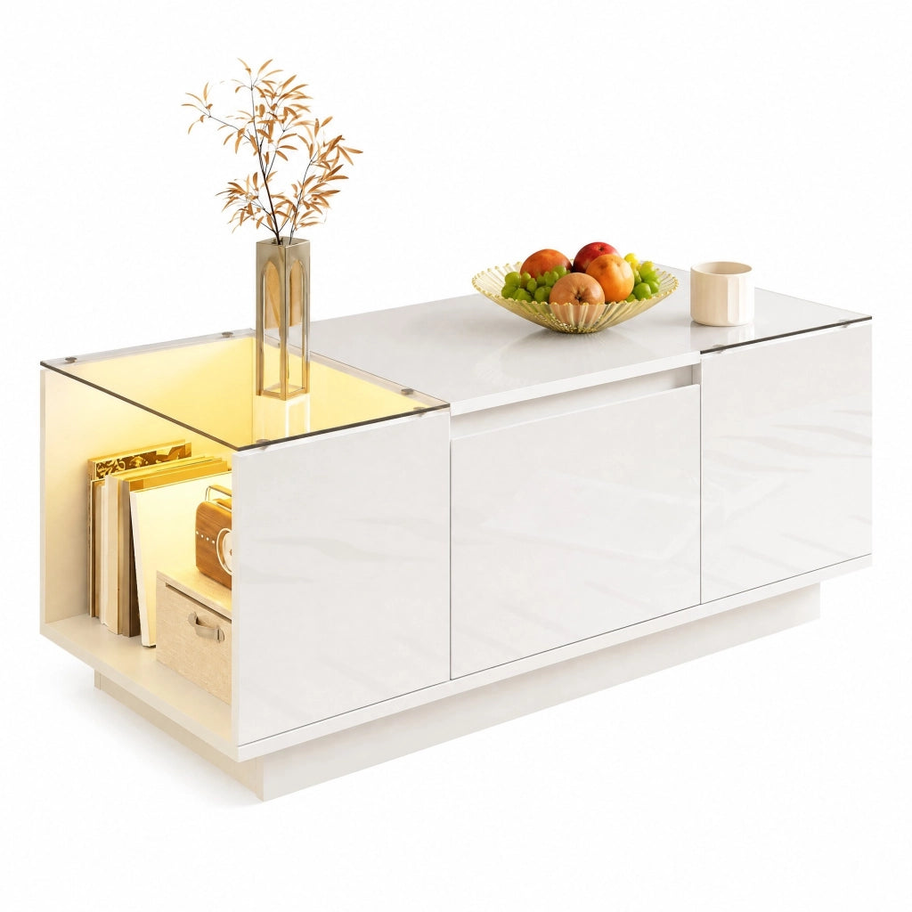 Tavolino da salotto moderno 105 x 50 x 35 cm bianco lucido con LED; ripiani e cassetti