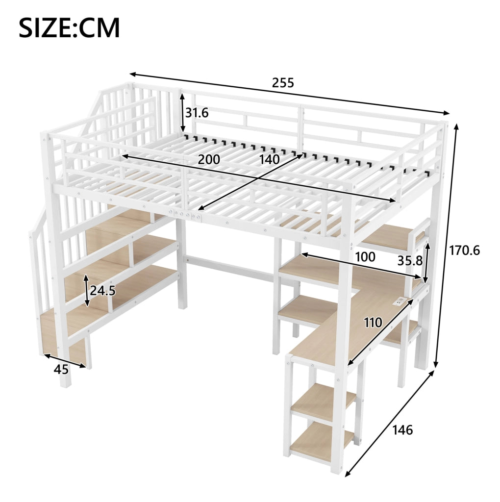 Letto a soppalco 140x200 cm con scrivania, scala contenitore e LED in metallo e MDF bianco