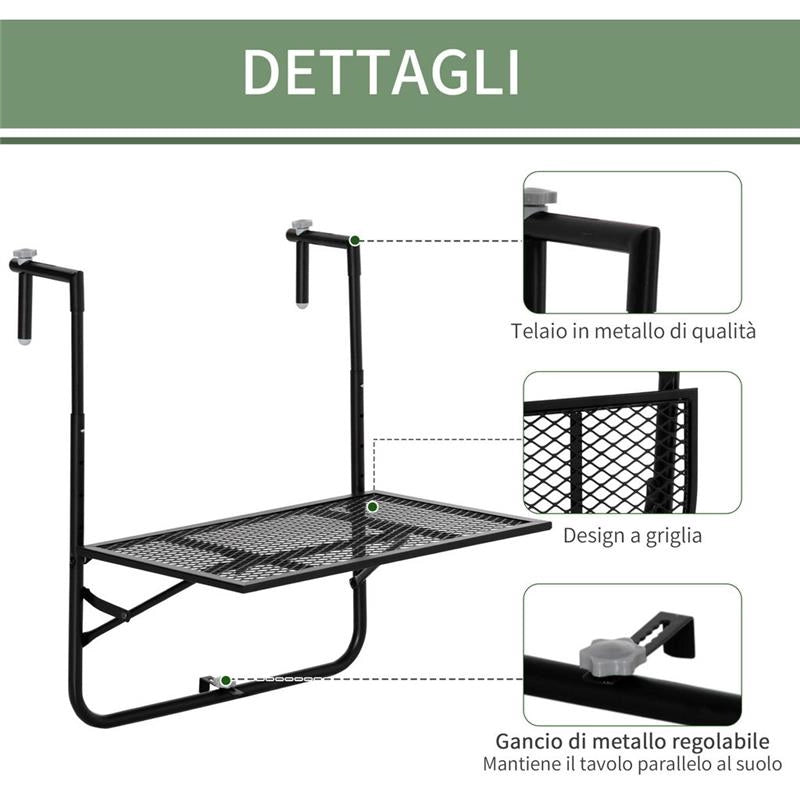 TAVOLO DA RINGHIERA PIEGHEVOLE E REGOLABILE IN METALLO 60X60X57-72 CM NERO