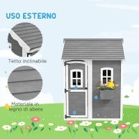Casetta per Bambini 3-8 Anni con 6 Finestre e Fioriera, in Legno di Abete, 104.5x110x137 cm, Grigia