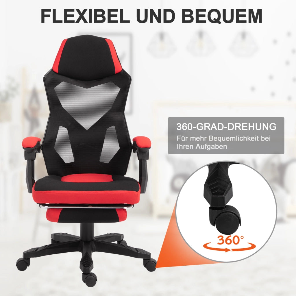 Sedia da ufficio gaming ergonomica con schienale reclinabile e poggiapiedi, in poliestere nero