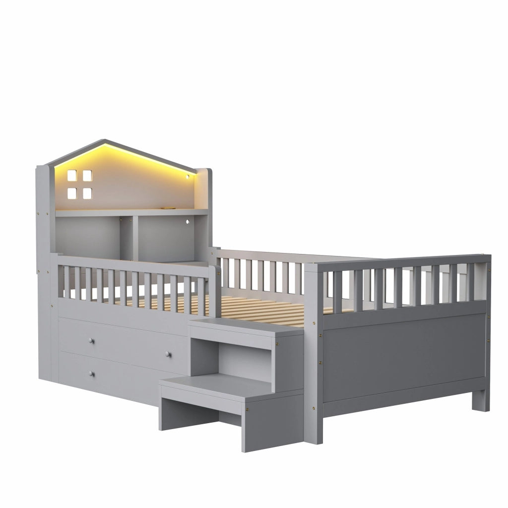 Letto per bambini 90x200 cm con 4 cassetti, LED, USB e USB-C grigio