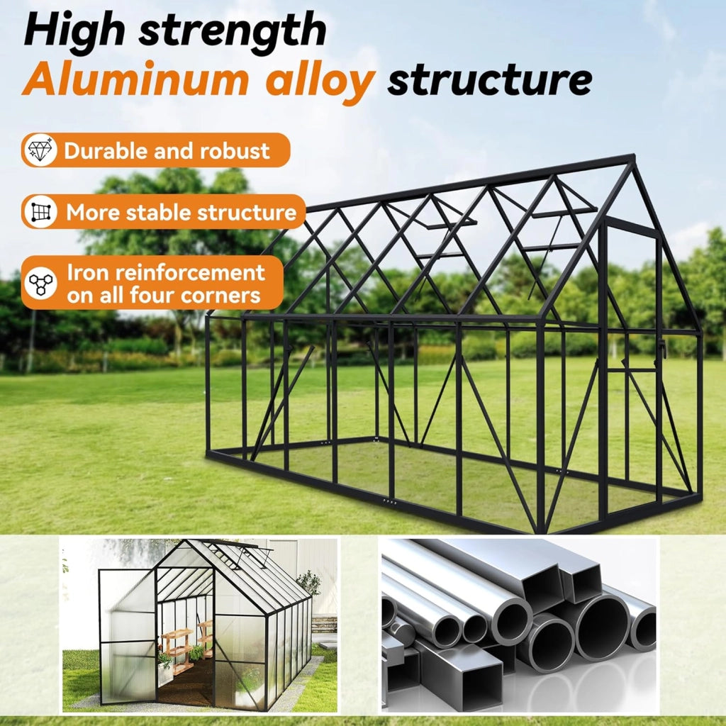 Serra da giardino in alluminio, con base da 6 cm e piastra in policarbonato da 4 mm, per pomodori, da giardino, resistente ai raggi UV, resistente alle intemperie, per il giardino, 340 x 180 x