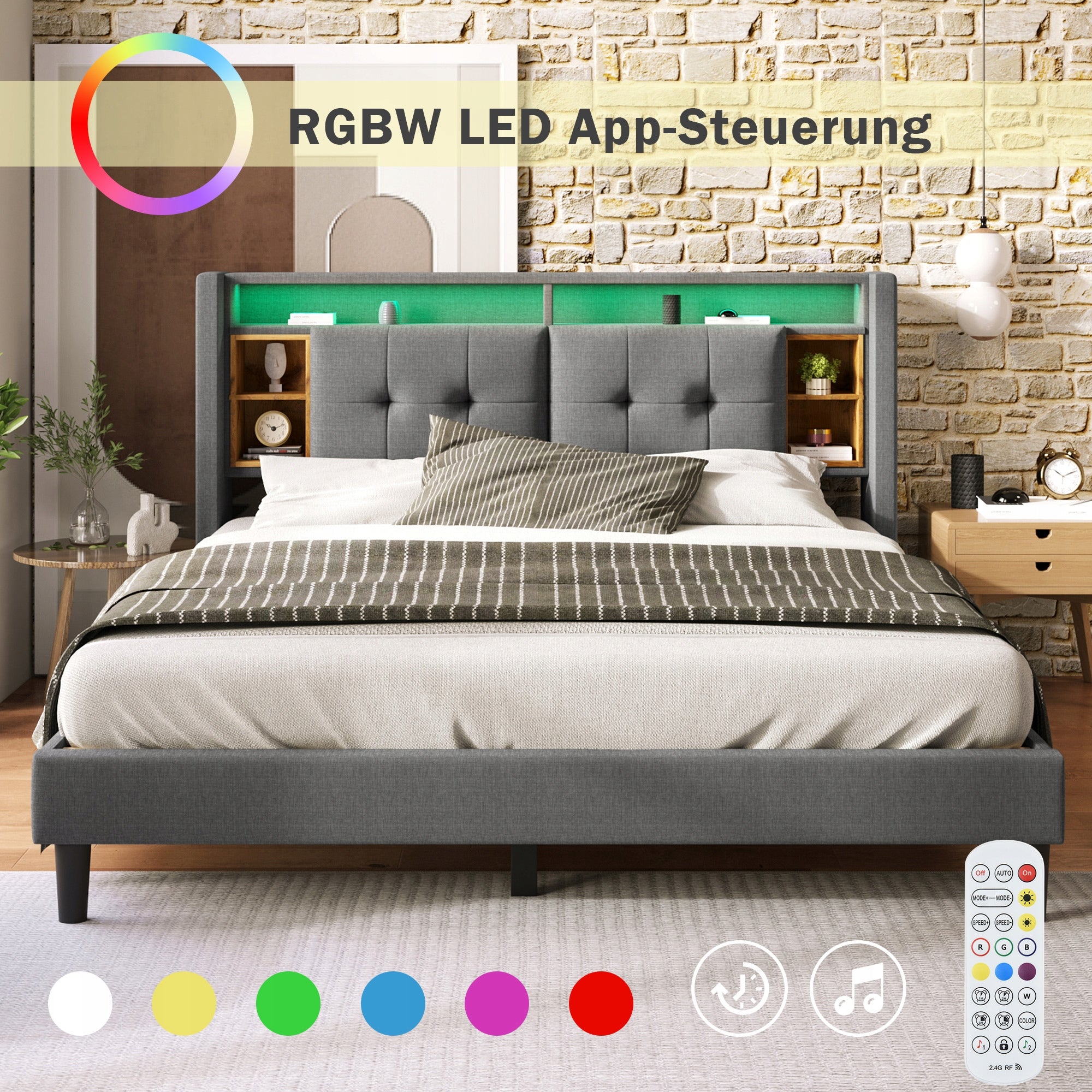 Letto matrimoniale 160x200 - Xylo - Grigio con USB, LED e materasso incluso