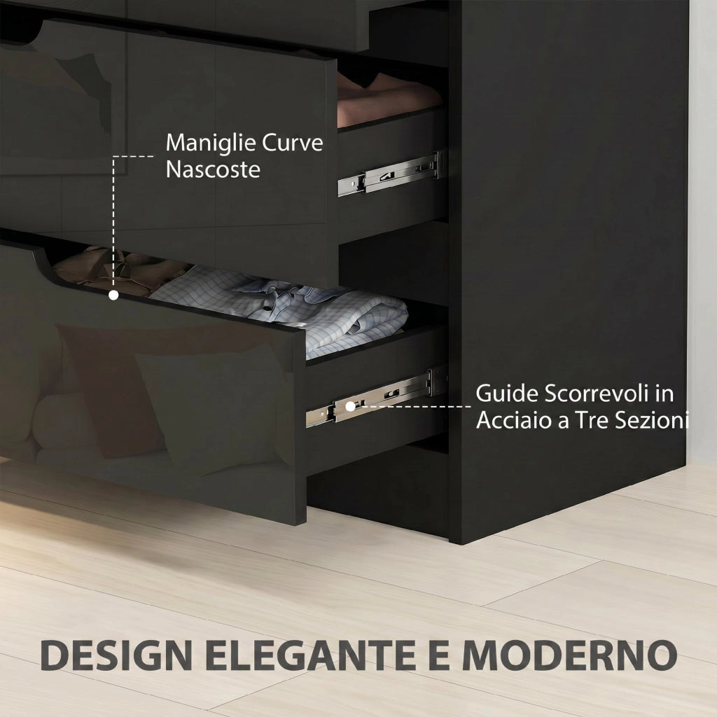 Cassettiera 60x40x85 cm 4 Cassetti Moderna e Minimal in Legno Nero Lucido