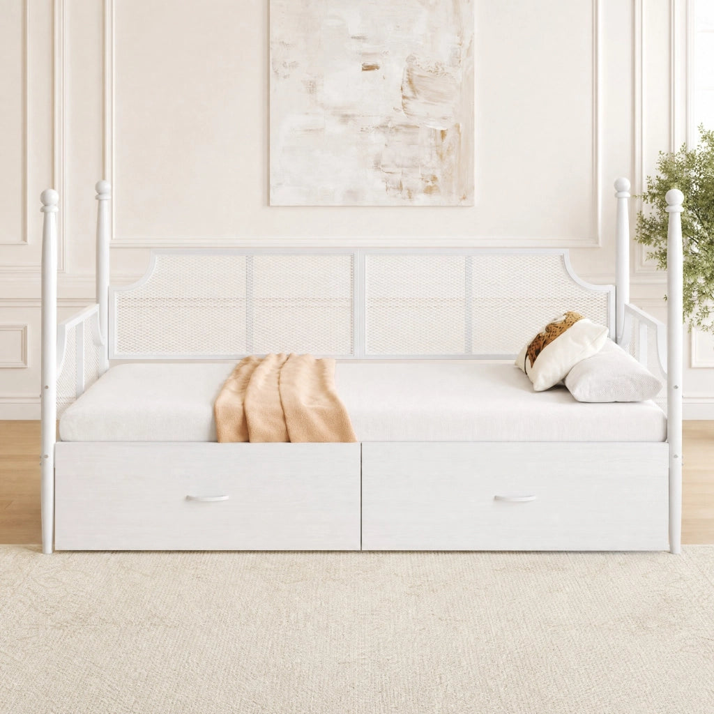 Divano letto in metallo 90 × 200 cm 1 posto con 2 cassetti, senza materasso, metallo, bianco