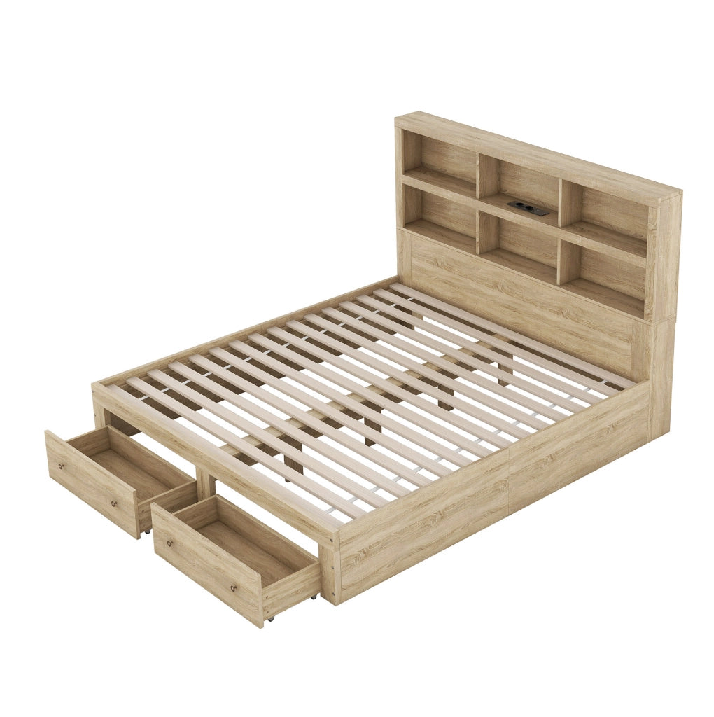 Letto matrimoniale 160x200 cm con USB e contenitore; truciolare; colore naturale