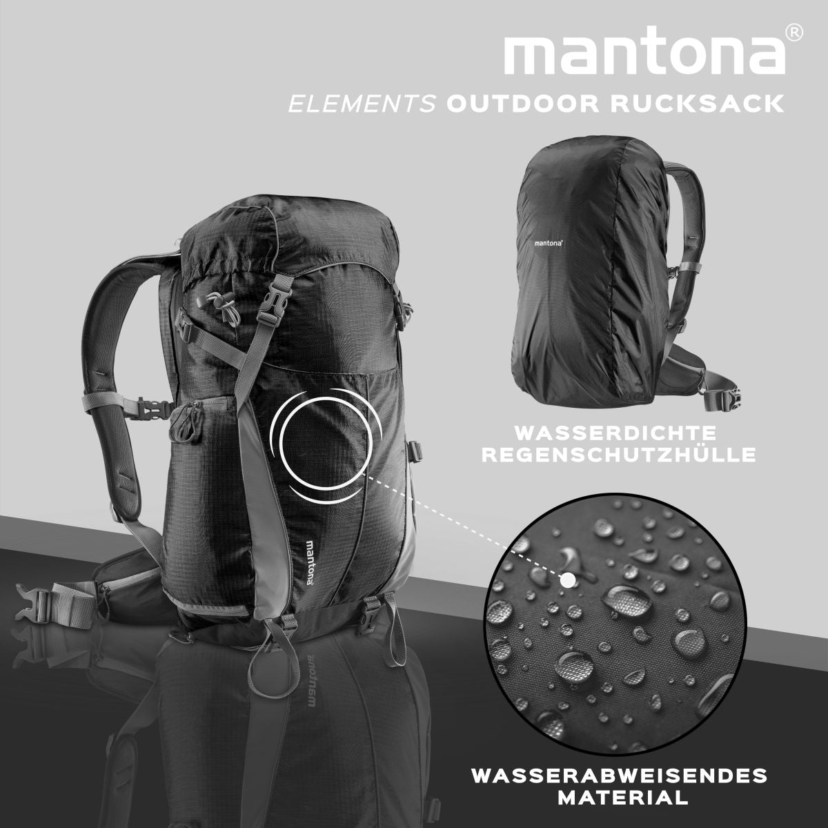 Mantona Elements Outdoor Zaino nero 2in1 per fotocamera e trekking, borsa fotografica con scomparti imbottiti per DSLR, drone, con supporto treppiede e copertura antipioggia