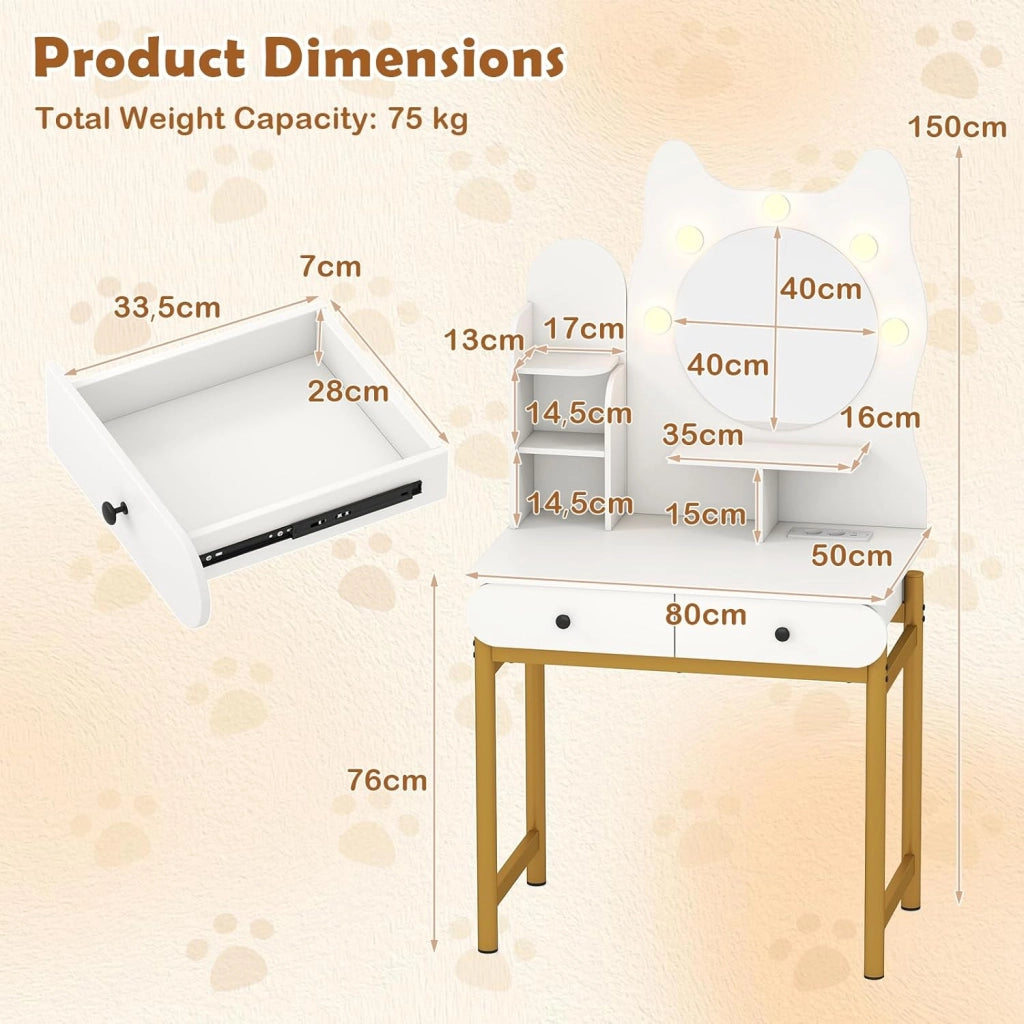 Toeletta con specchio, tavolo da trucco con luce LED a 3 colori, ripiani aperti, 2 cassetti e stazione di ricarica, a forma di gatto, 80 x 50 x 150 cm, toeletta compatta per camera da letto
