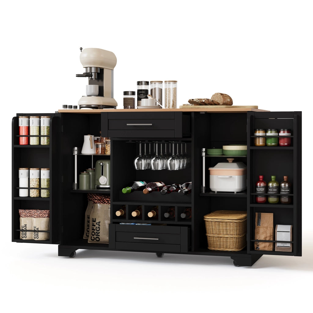 Isola da Cucina Mobile 138x45/70x92 cm Nera con Piano Ribaltabile; Portabottiglie; Portabicchieri e 5 Ruote
