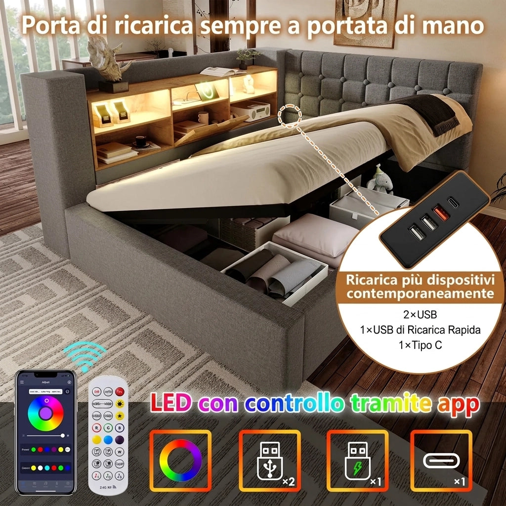 Letto contenitore 140x190 cm con LED e Prese USB; Letto imbottito grigio in Lino con Testiera a L