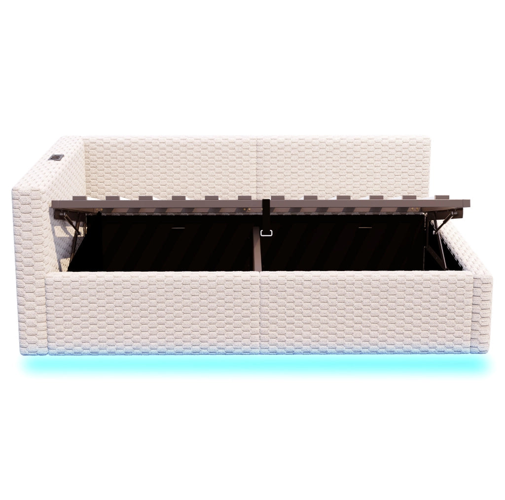 Letto imbottito 90x200 cm con vano contenitore, LED e porte USB/Type-C