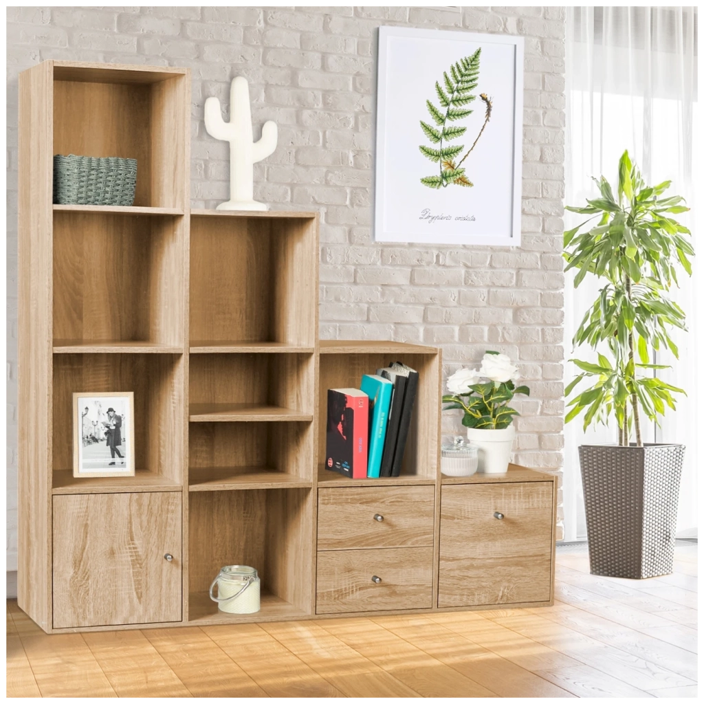 IDMarket - Libreria mobili a forma di scala a 4 livelli, look faggio con anta e cassetti LIAM