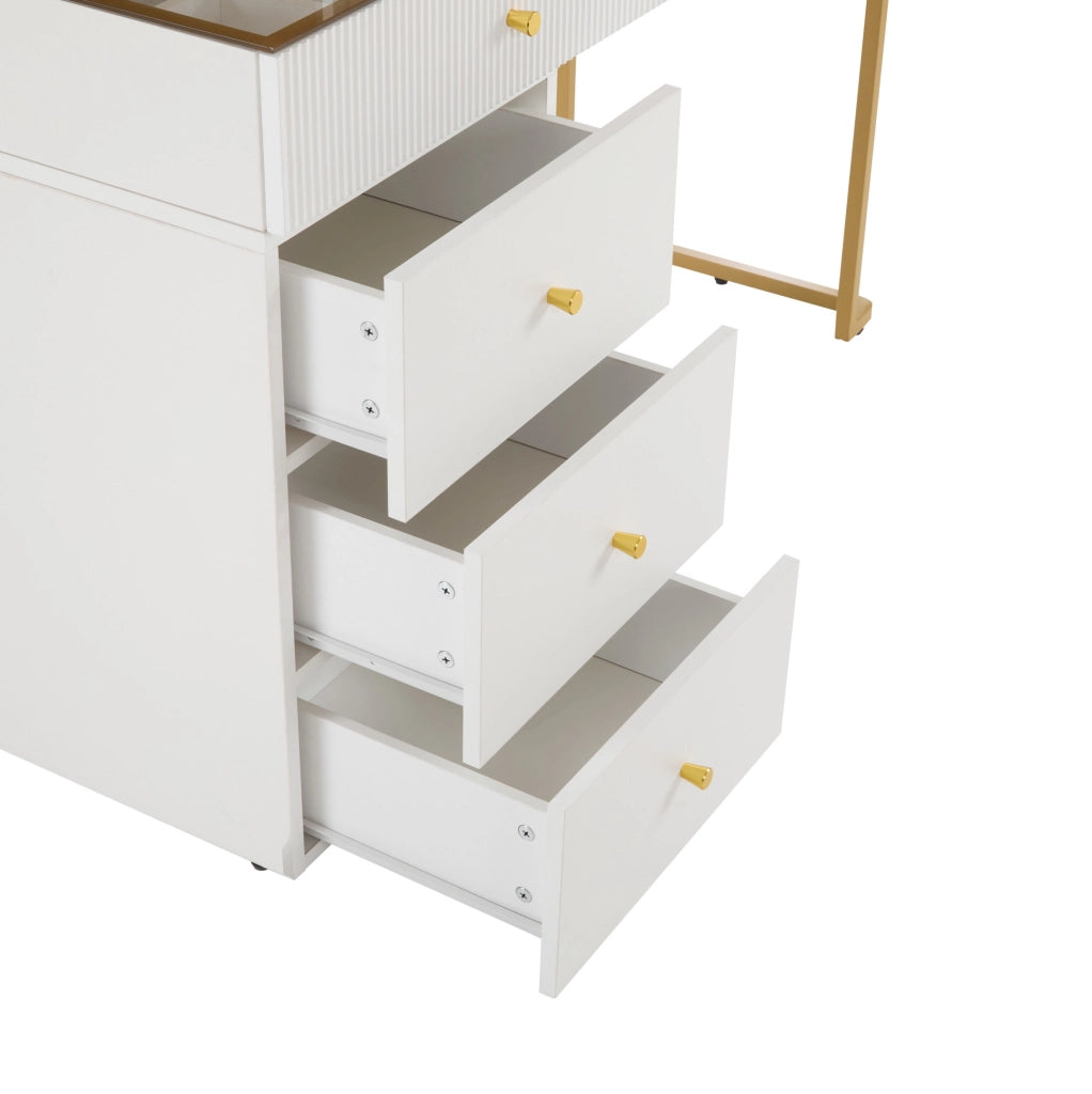 Tavolo da trucco 120x45x115 cm con specchio LED a 3 colori; piano in vetro; bianco e oro