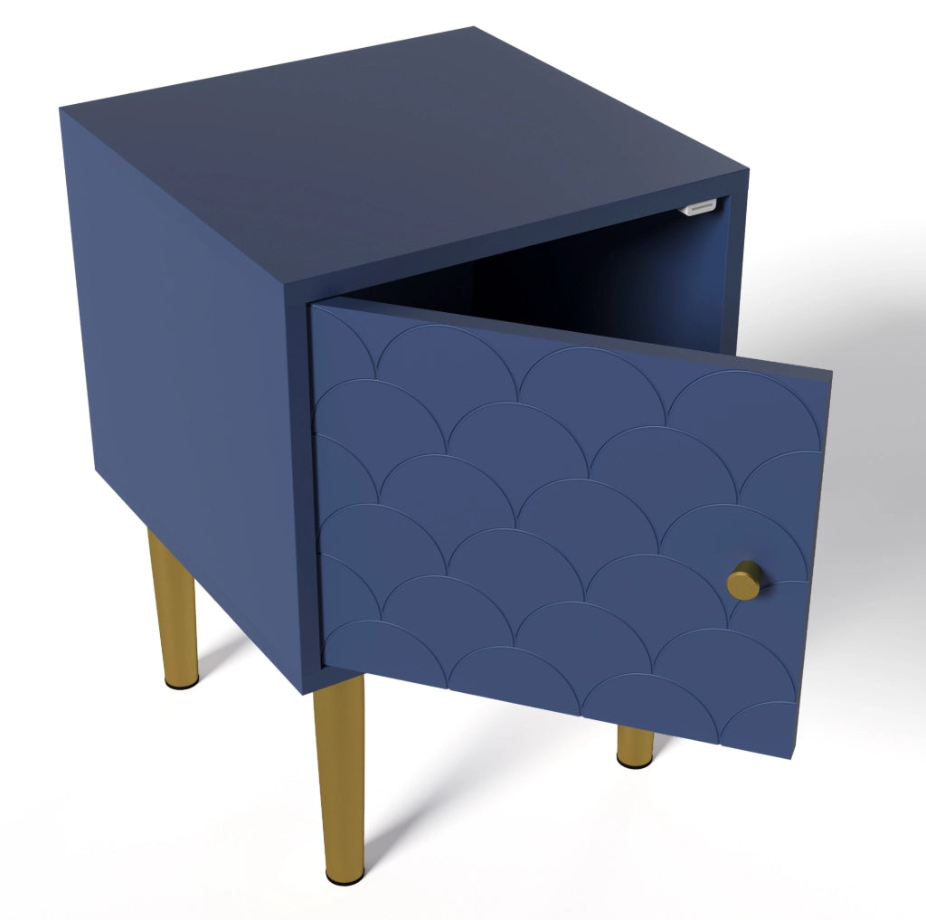 Set di 2 comodini con motivo a squame di pesce; 35x35x51 cm; in truciolare e metallo; blu navy