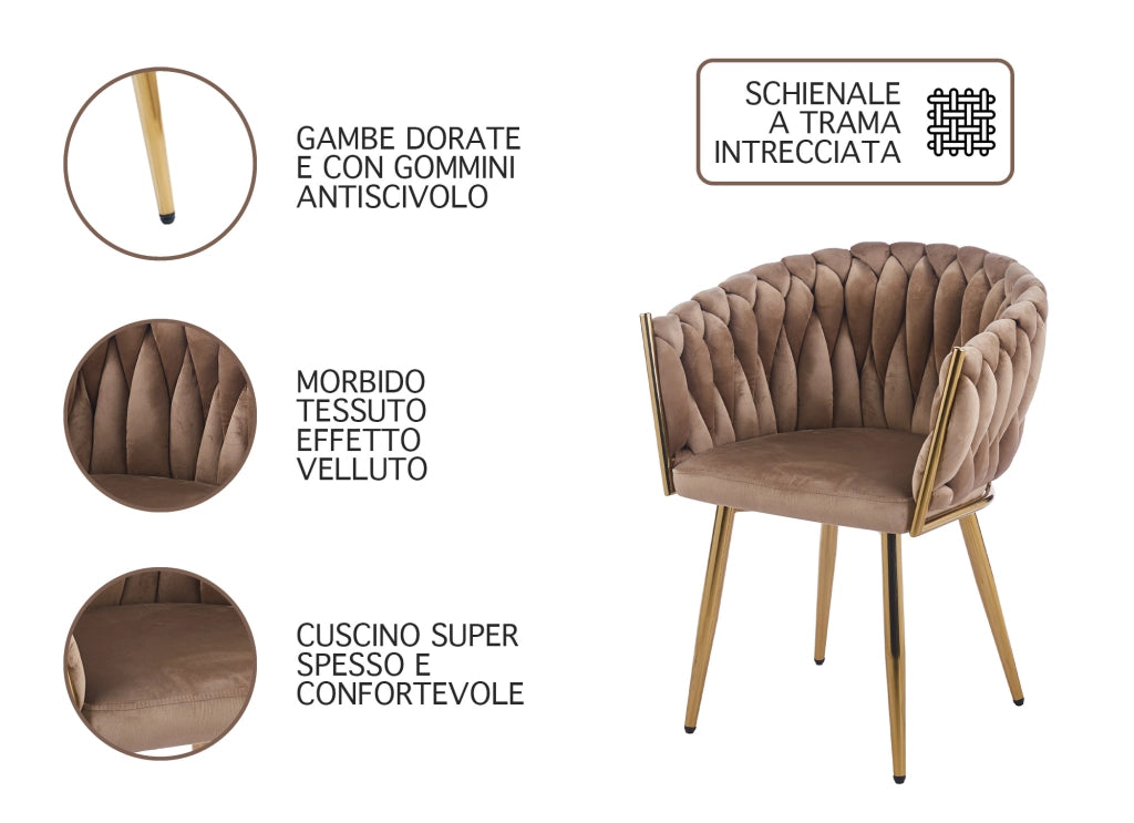Poltrona Con Schienale In Velluto Intrecciato Design Moderno, Sedia Imbottita Circolare con Gambe in Metallo Placcato Oro Poltroncina Sala Pranzo Camera Salotto Cucina con Seduta Morbida Tortora