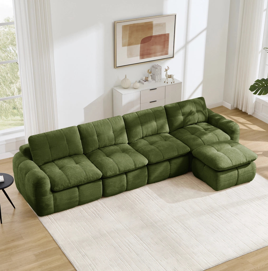 Divano modulare angolare 4 posti con pouf in chenille verde 334x160x68 cm