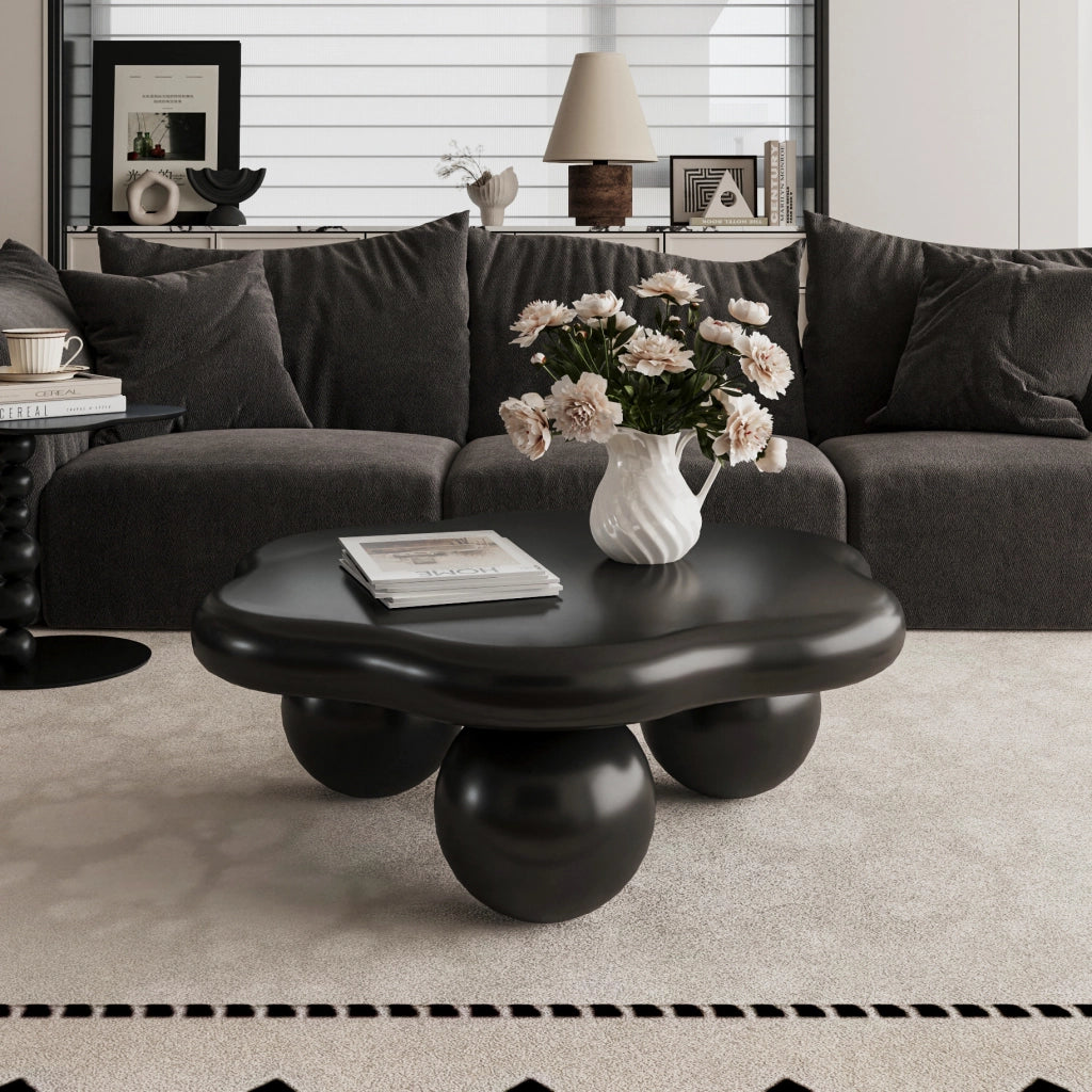 Tavolino basso a nuvola nero opaco in MDF con gambe sferiche per soggiorno e piccoli spazi Ø 80 × 31 cm