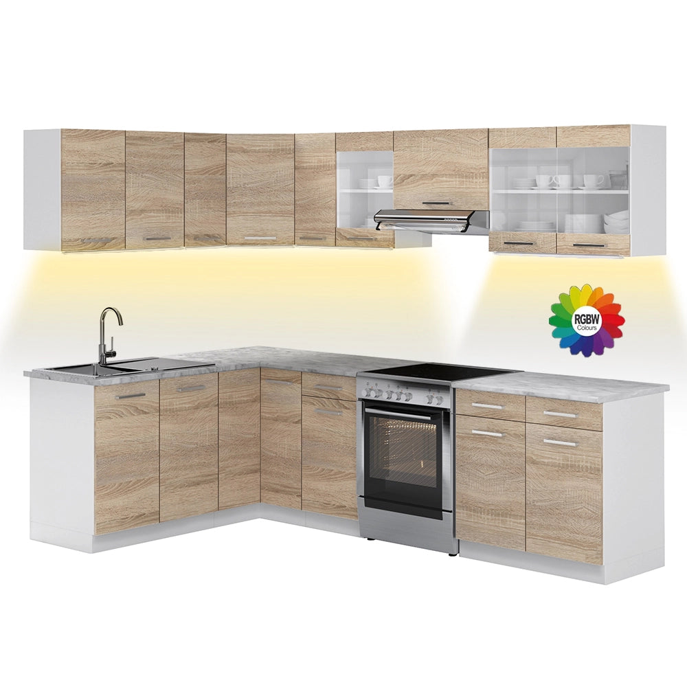Vicco Cucina ad angolo Bianco/Sonoma 267 x 167 cm , PL Marmo con striscia LED