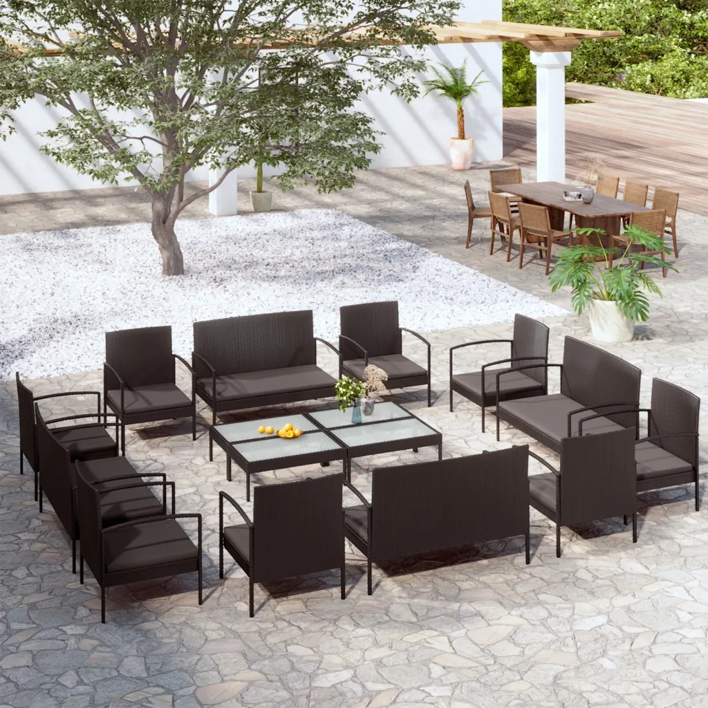 Set Divani da Giardino 16 pz con Cuscini in Polyrattan Nero cod mxl 39196
