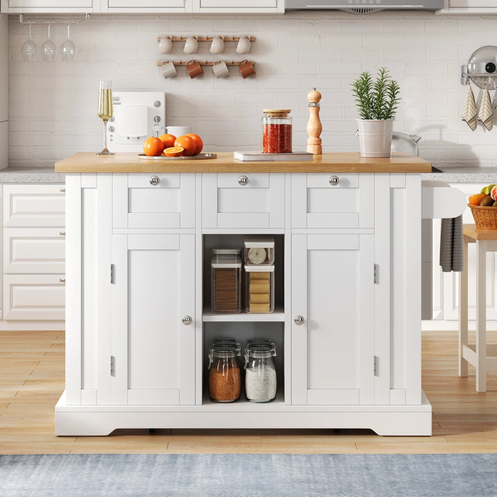 Carrello da Cucina con 3 Cassetti; 2 Ante; Piano Pieghevole; Presa e USB; 5 Ruote; in MDF; Bianco Naturale