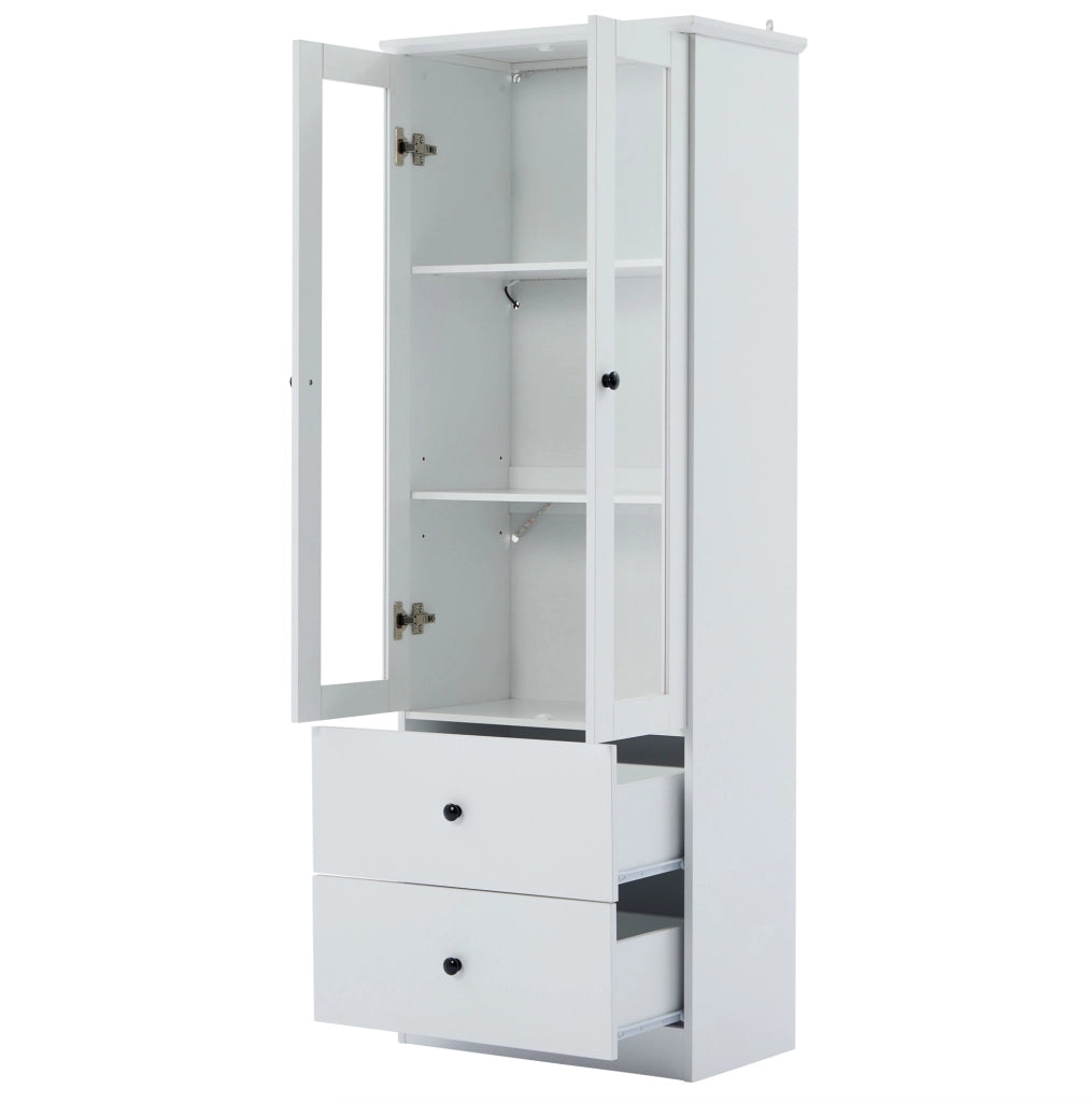 Vetrina moderna LED bianca opaca 165 cm con 2 cassetti; ripiani regolabili e ante in vetro