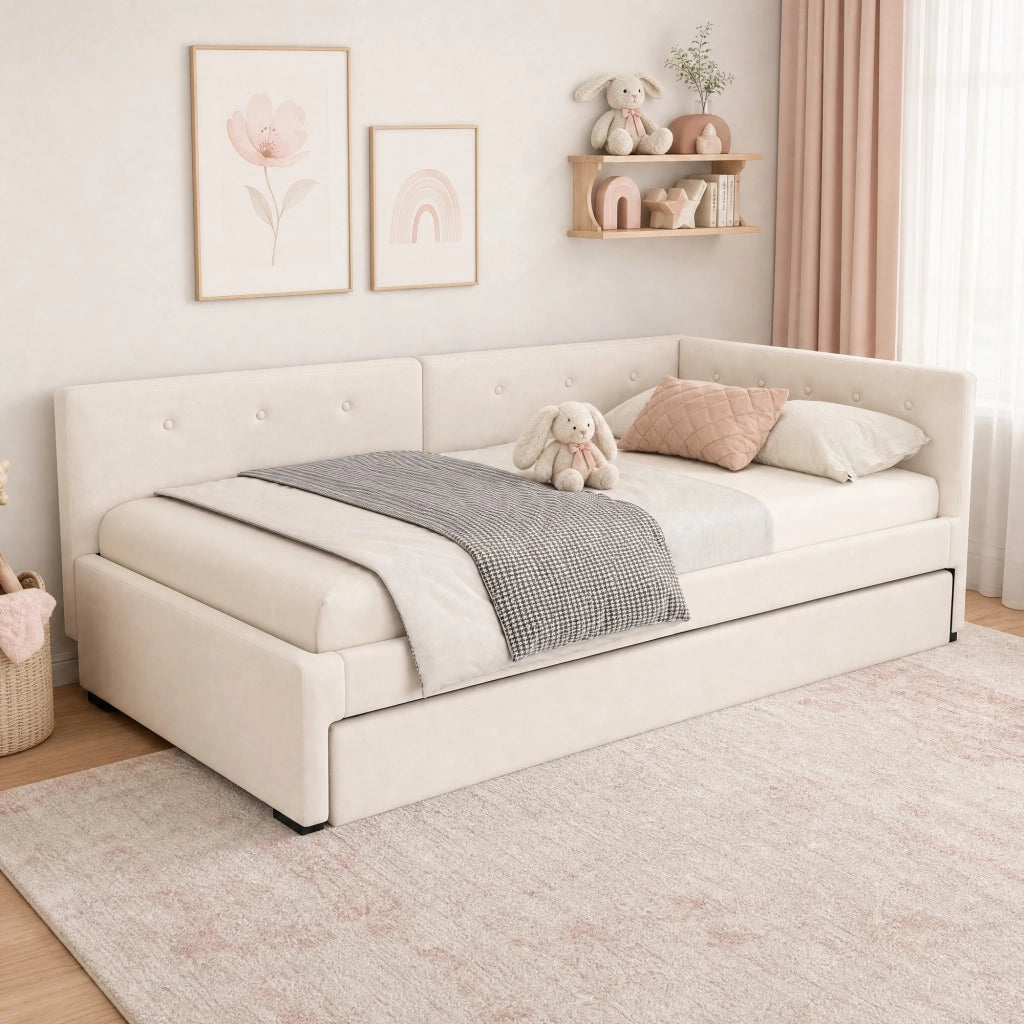 Letto singolo imbottito con letto estraibile 90x200 cm in velluto beige