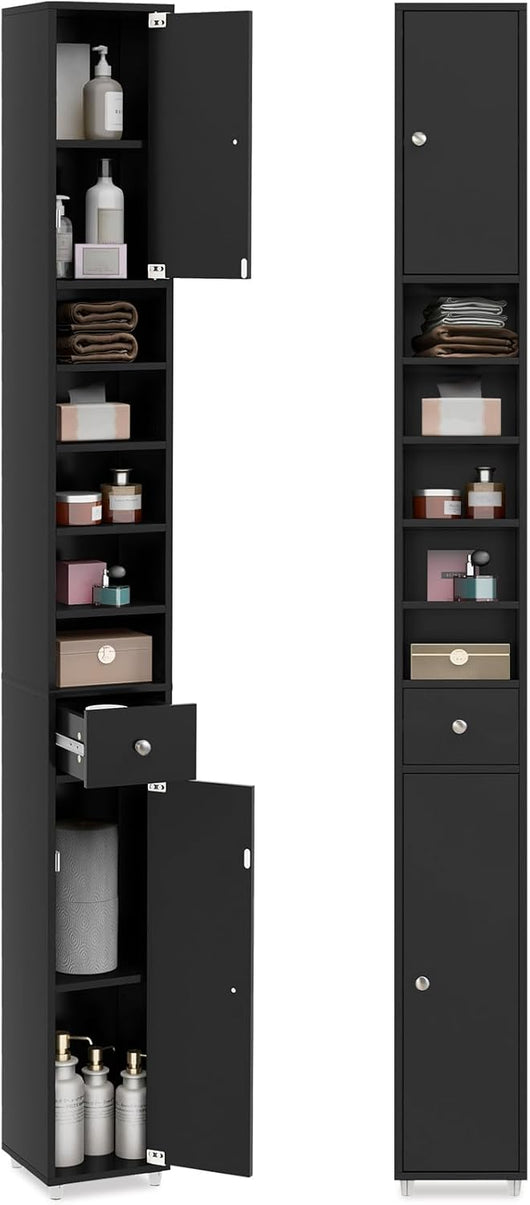 Armadio da Terra Alto, Mobile Colonna Bagno con 2 Ante 1 Cassetto e 5 Ripiani Regolabili, Mobile Bagno Salvaspazio per Bagno Soggiorno Camera da Letto, 20x20x180cm (Nero)