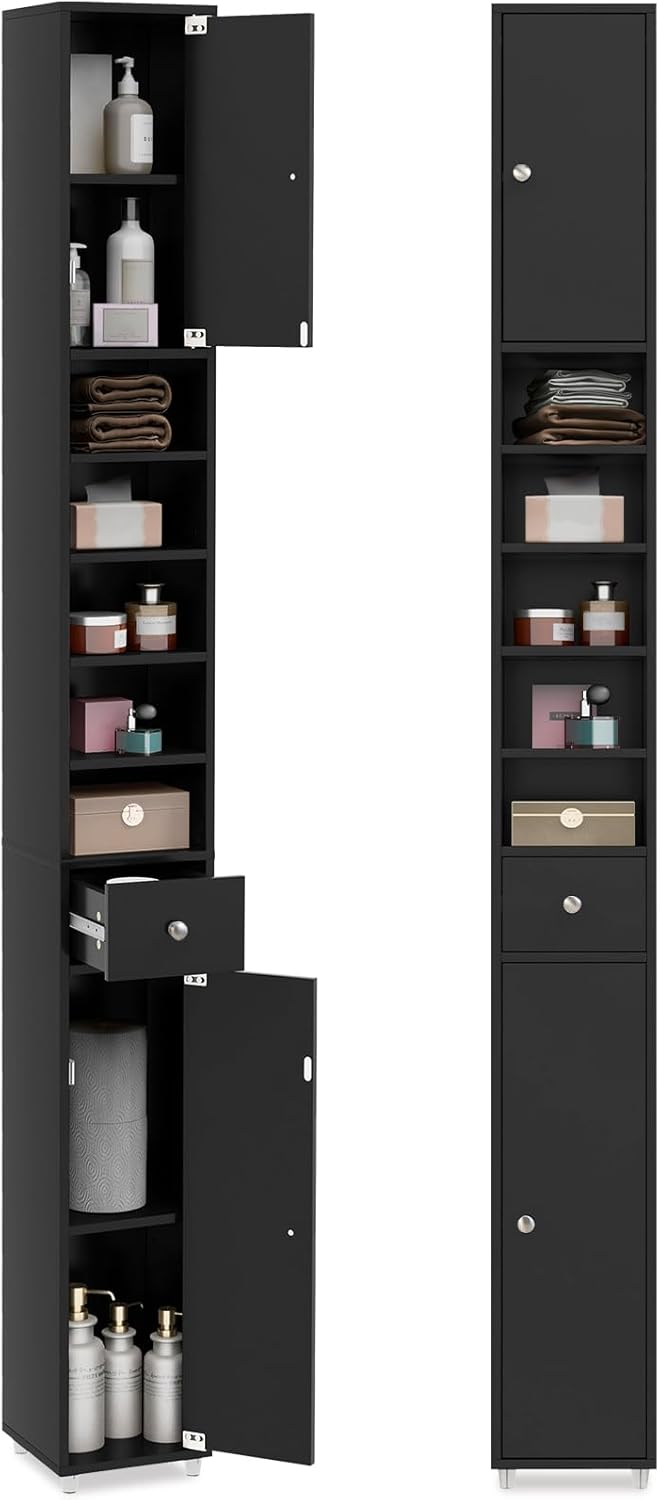 Armadio da Terra Alto, Mobile Colonna Bagno con 2 Ante 1 Cassetto e 5 Ripiani Regolabili, Mobile Bagno Salvaspazio per Bagno Soggiorno Camera da Letto, 20x20x180cm (Nero)