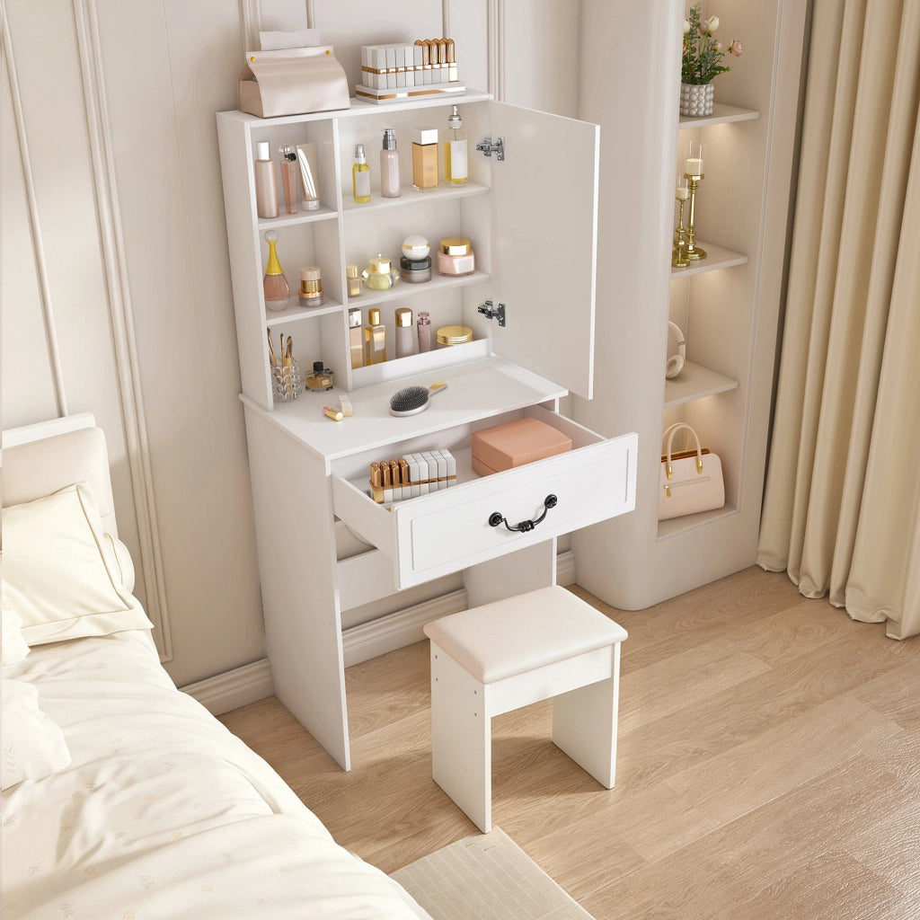 Toeletta moderna salvaspazio con specchio LED dimmerabile e sgabello imbottito in MDF bianco