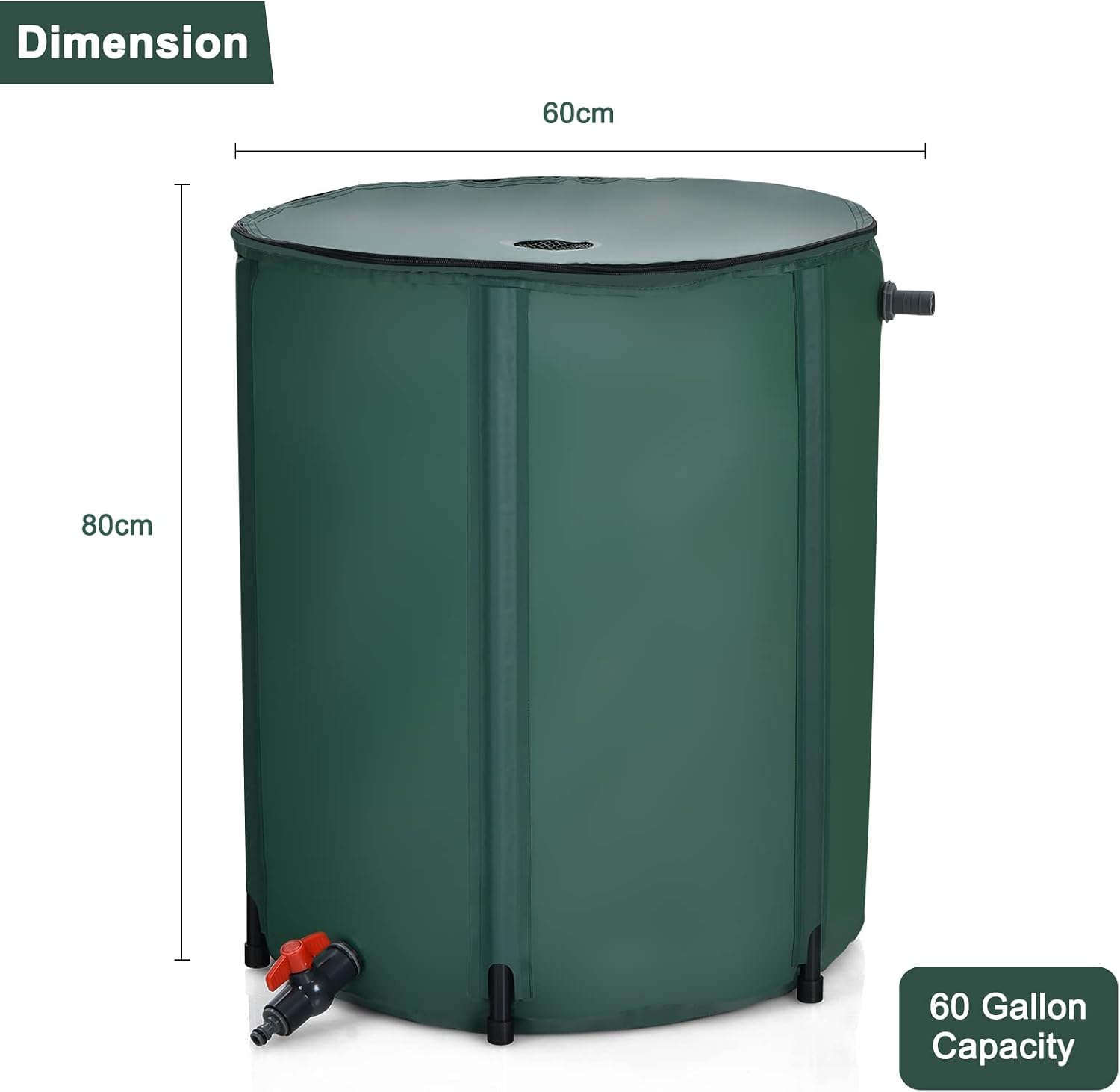Serbatoio Pieghevole per Acqua Piovana, 225 Litri, Sistema Raccoglimento Acqua Piovana Portatile Con Tappo Filtro Valvola di Straripamento Valvola a Rete, Verde scuro