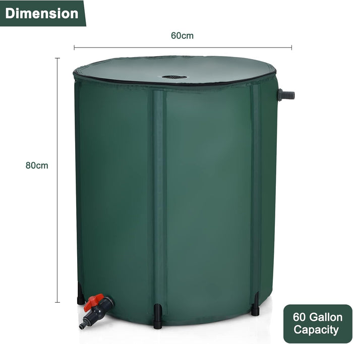 Serbatoio Pieghevole per Acqua Piovana, 225 Litri, Sistema Raccoglimento Acqua Piovana Portatile Con Tappo Filtro Valvola di Straripamento Valvola a Rete, Verde scuro