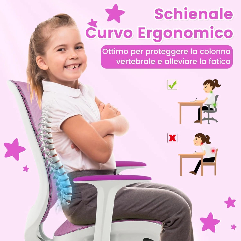 Sedia da Scrivania Girevole per Bambini (Viola, Ruote Ordinarie) | con Altezza Regolabile, 5 Ruote, Braccioli Morbidi, Mobile Ergonomica per Bambini 6-15 Anni