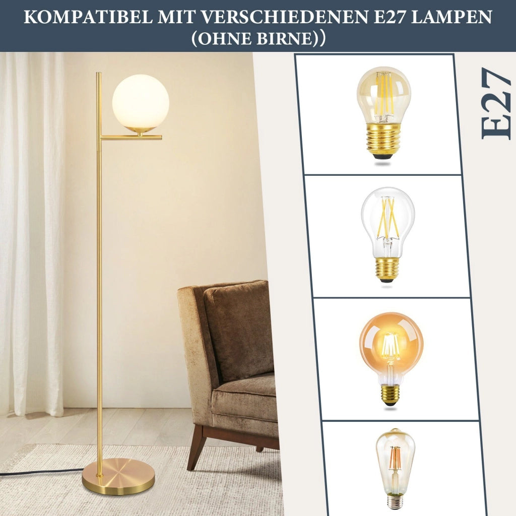 ZMH Lampada da terra per soggiorno 1 fiamma Oro E27 Globo in vetro bianco con finitura metallica industriale