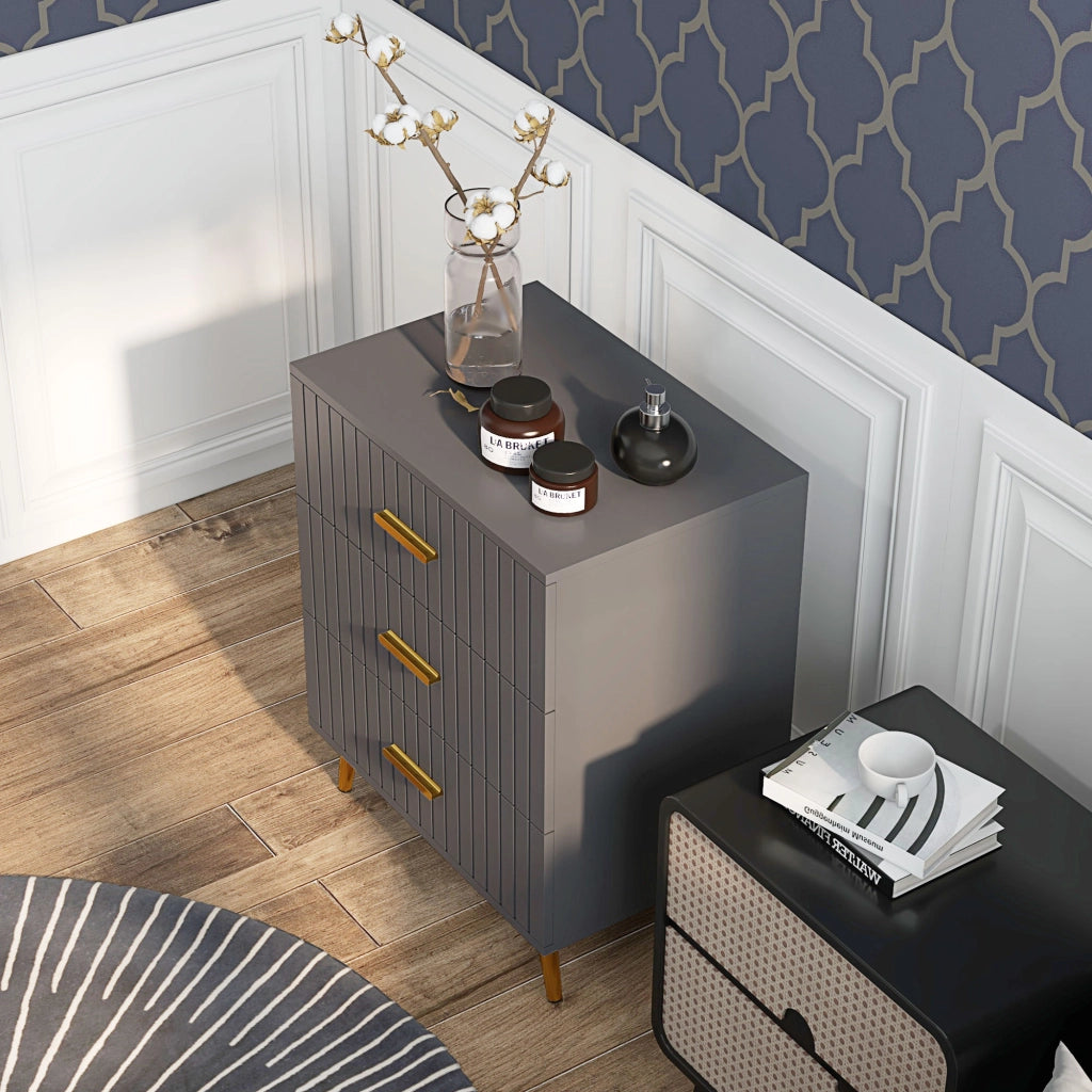 Cassettiera 3 Cassetti Moderna in Legno e Alluminio, 60x40x71.5 cm, Oro e Grigio Scuro