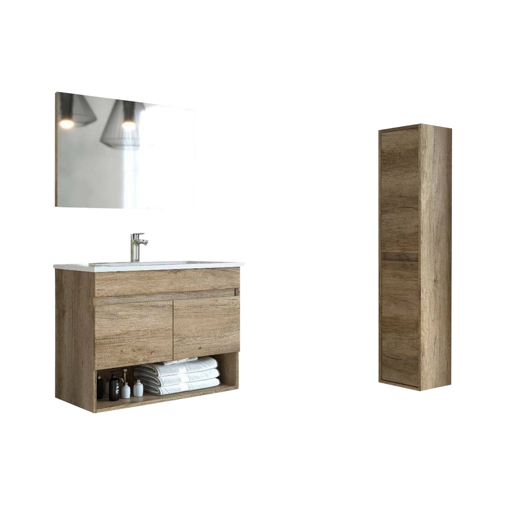 Sassola, set Mobili Bagno Specchio Incluso, Marrone Quercia