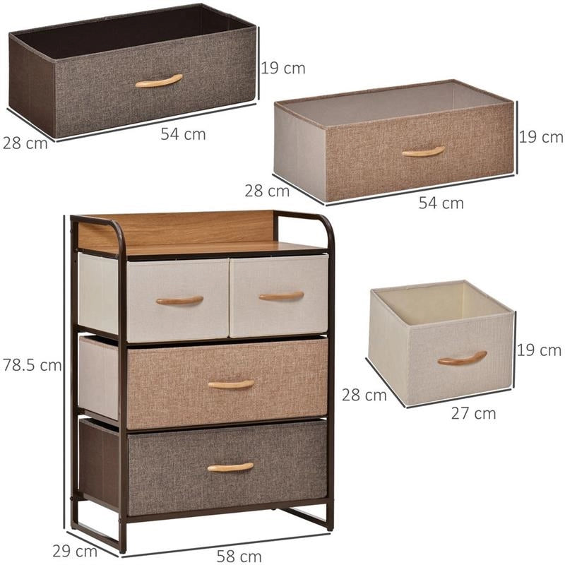 CASSETTIERA CON 4 CASSETTI IN TESSUTO E RIPIANO RIGIDO IN LEGNO 58X29X78.5CM