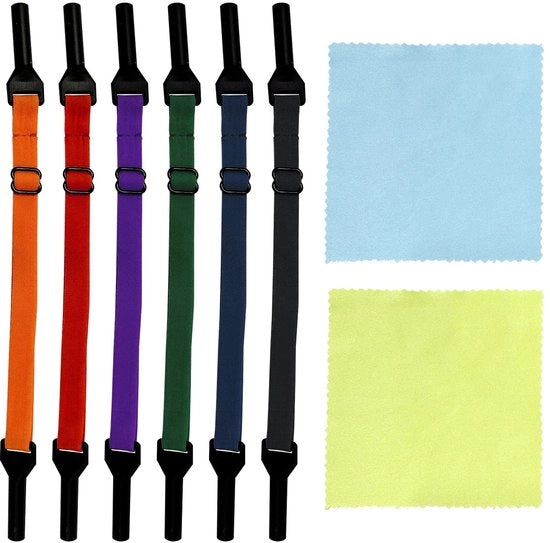 6 cinture occhiali elastiche - cinture occhiali regolabili - antiscivolo - accessori occhiali - uomo donna bambino - 2 tovagliolini di pulizia - 6 colori: arancione rosso blu scuro viola cintura occhiale