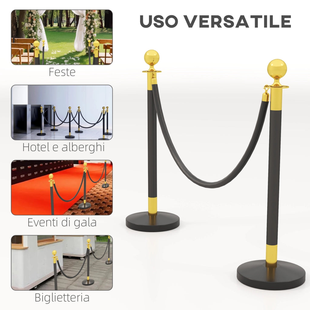 Colonnine Segnapercorso in Acciaio Inox con Corda Vellutata Nera di 1.5 m e Base Riempibile, ?32x96 cm