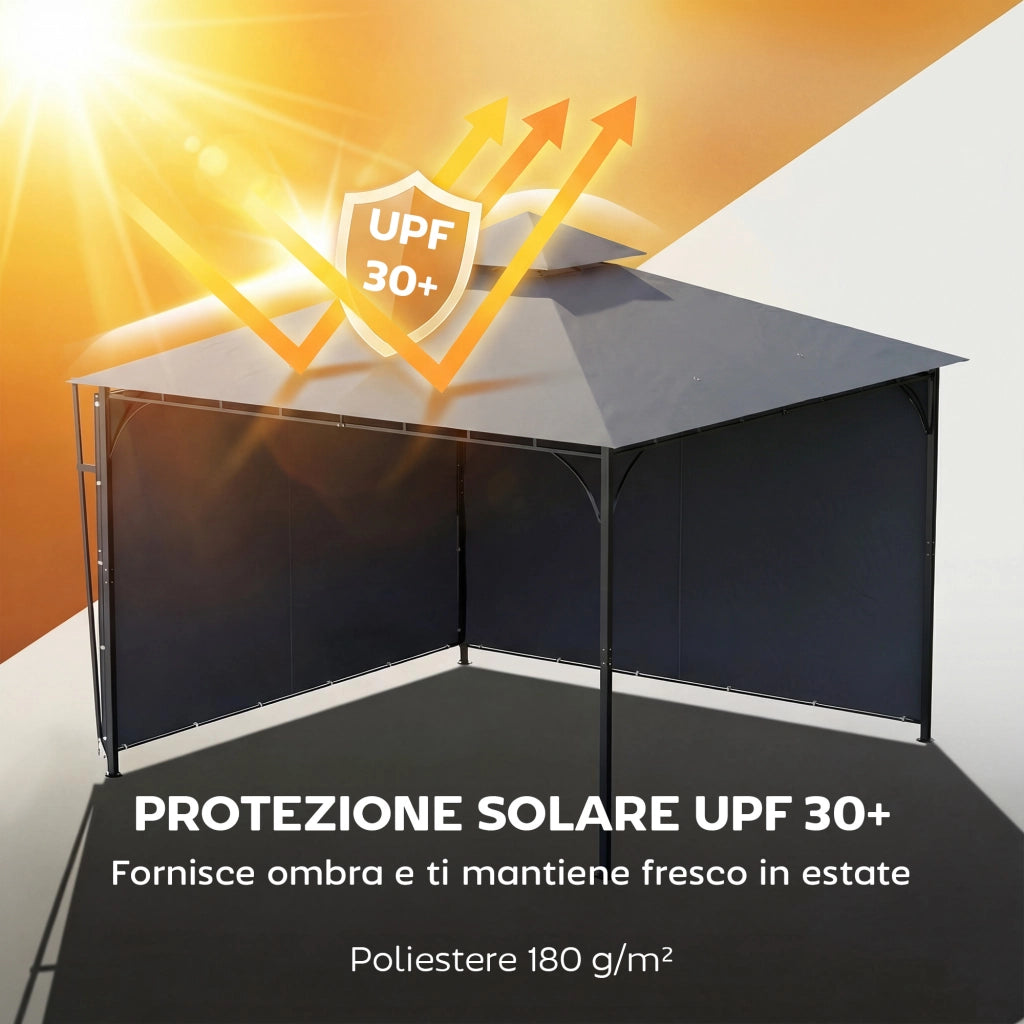 Gazebo da Giardino con Tetto Estensibile e Fori di Drenaggio, in Metallo e Poliestere, 3.2x3.2 m, Grigio Scuro