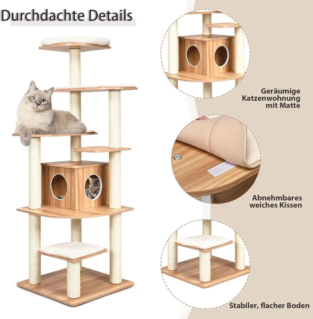Tiragraffi grande 175 cm di altezza, robusto albero per gatti in legno, con 6 piattaforme, casetta per gatti e tronchi sisal, mobili per gatti, albero attività (naturale)