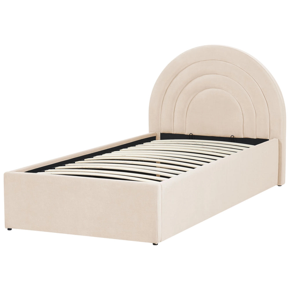 Letto con Contenitore in Velluto beige, Misura Singola 90 x 200 cm Design Minimalista Retro con Testiera a Mezza Luna con contenitore