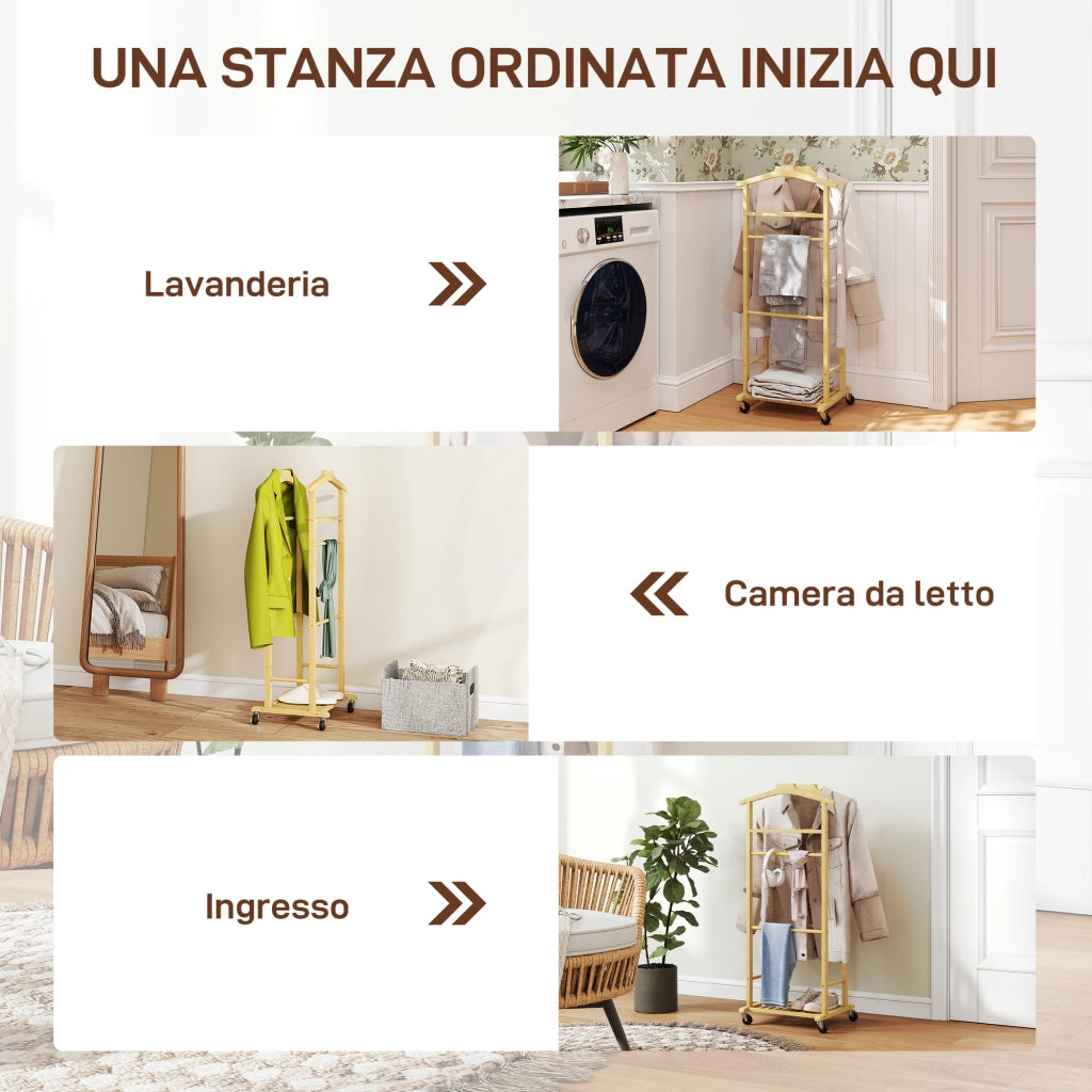 Indossatore Servomuto 4 in 1 a Rotelle 47x33,7x105,5 cm con 2 Aste Vassoio Svuota Tasche e Ripiano per Scarpe in Bambù